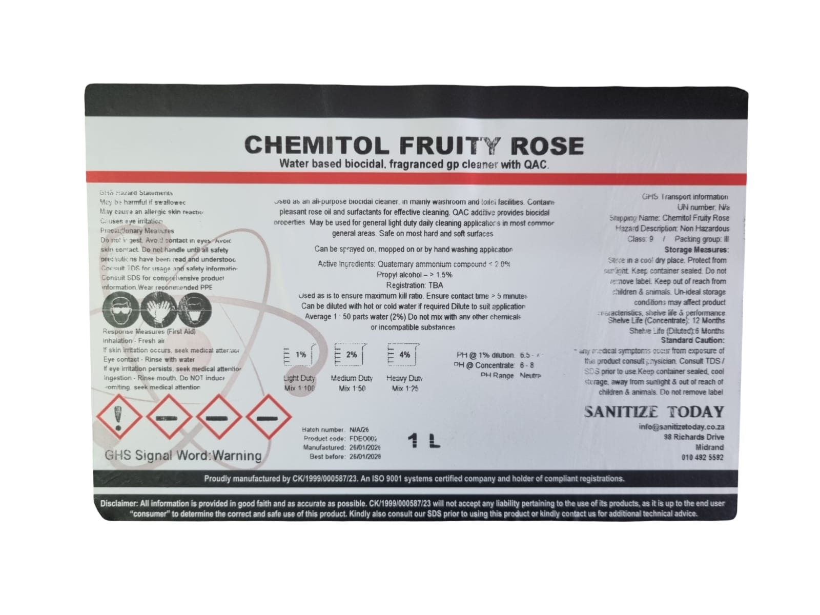 Chemitol Fruity Rose QAC General Purpose Biocidal Cleaner 1L - Image 2