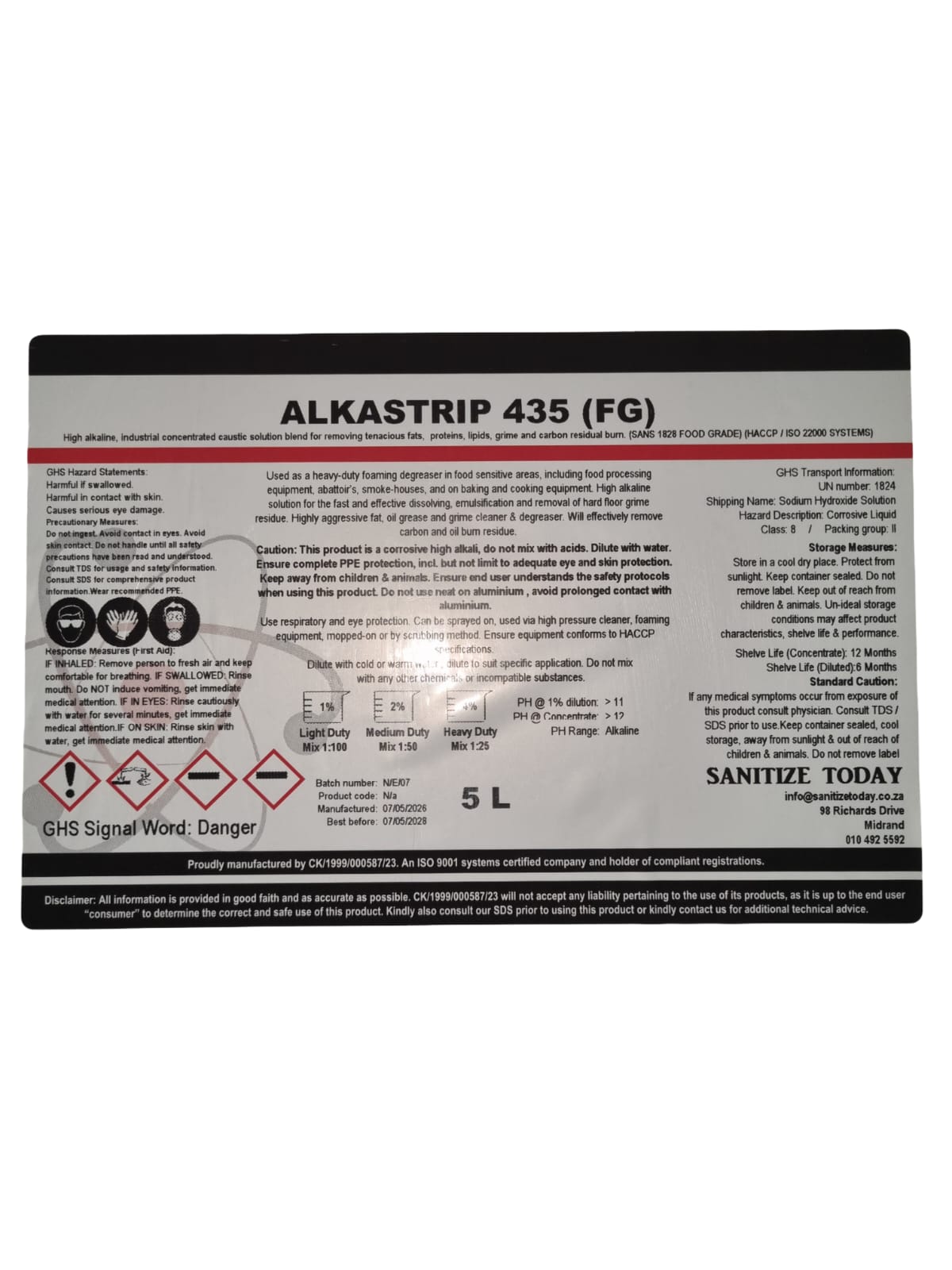 ALKASTRIP 435 (FG) – Heavy-Duty Alkaline Food Grade Degreaser 5L - Image 2