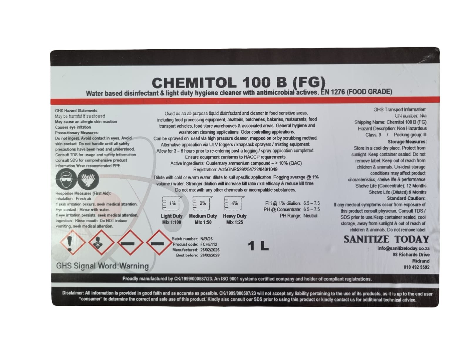 Chemitol 100 B Light Duty Food Grade Surface Disinfectant Cleaner 1L - Image 2