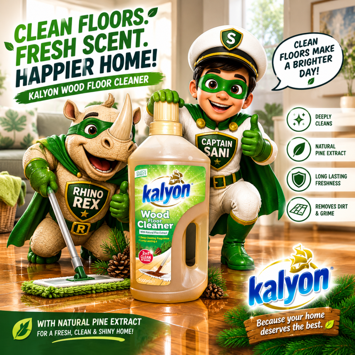 750ml Wood Floor Cleaner Pine Scented Kalyon - Image 3